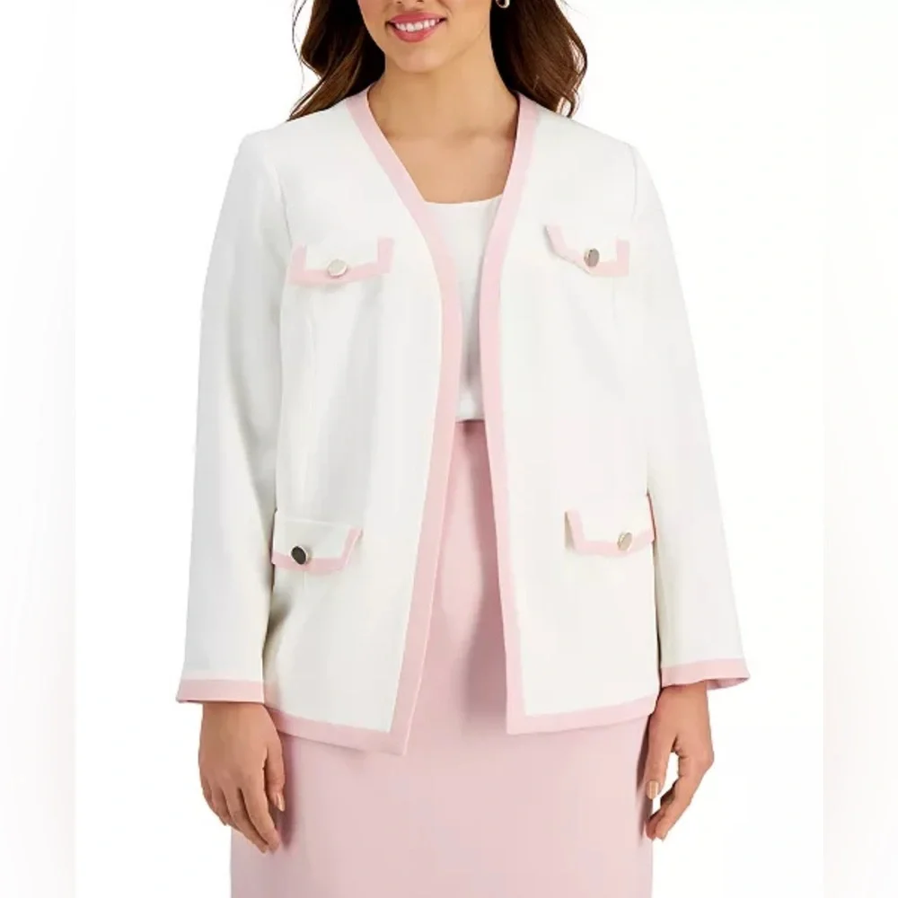 KASPER Framed Open Front Blazer Size 2X in Ivory/Pink - Picture 1 of 8